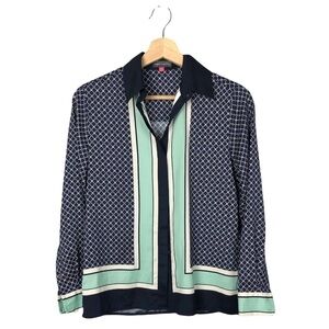 Vince Camuto Navy & Mint Green Printed Long Sleeve Button Down XS Petite